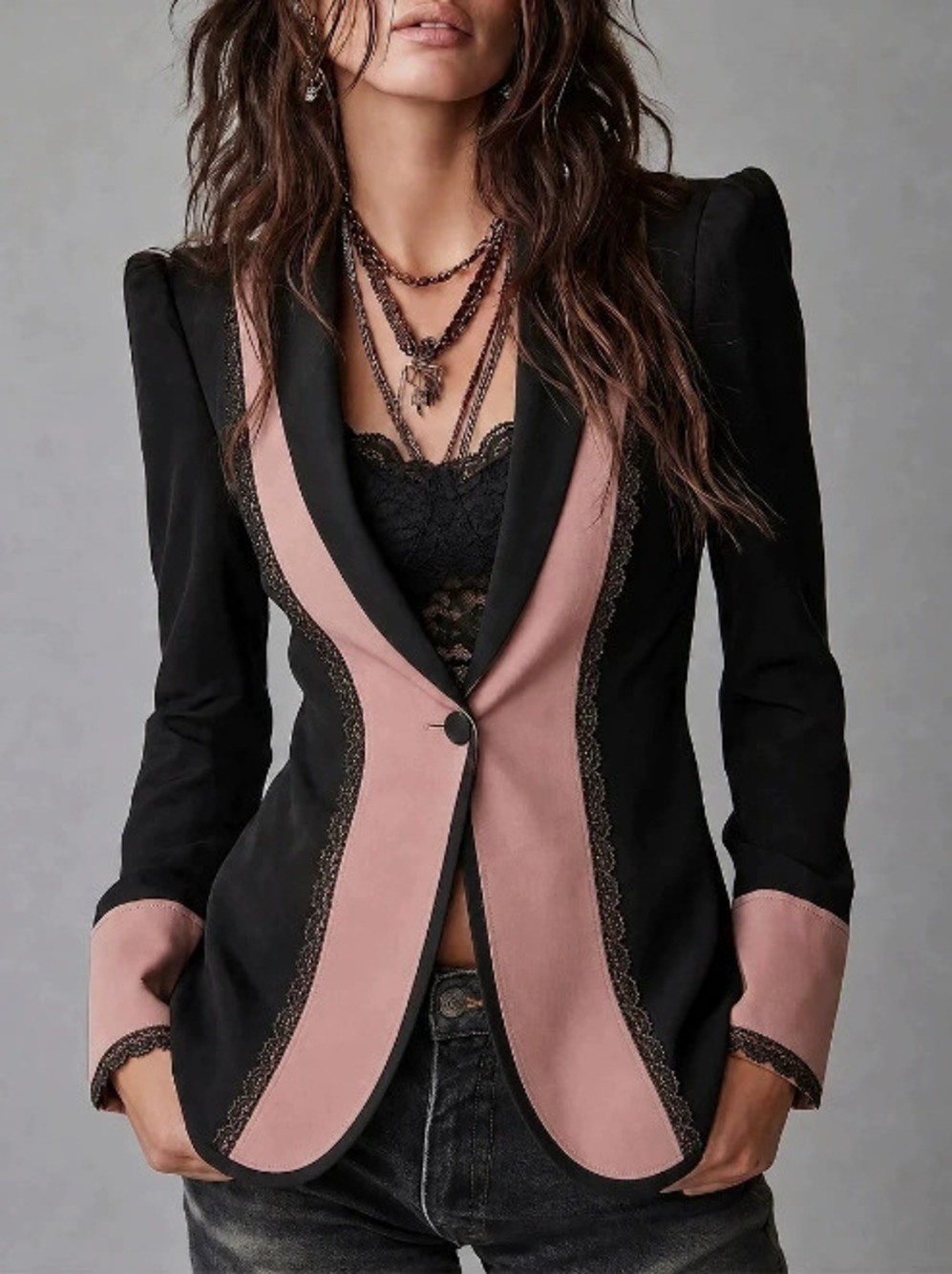 FOREVER 21 Retro Single Button Two Tone Blazer with Lace Trim